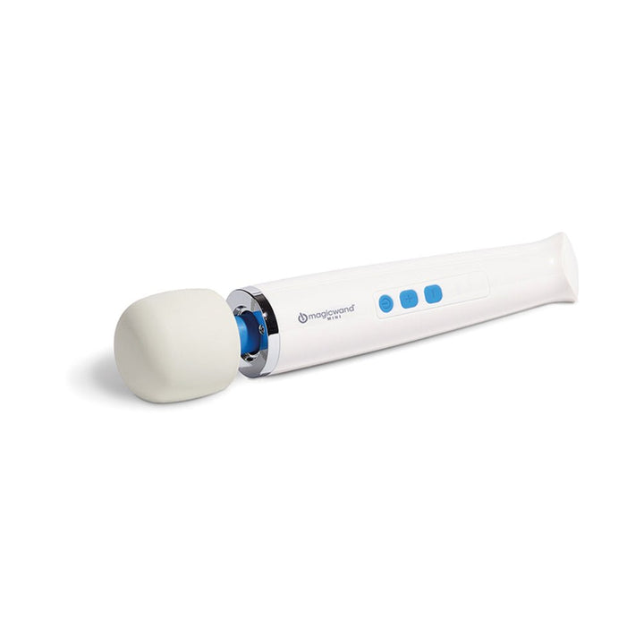 Compact white Magic Wand Mini HV-135 with soft silicone head and blue control buttons on a white background.