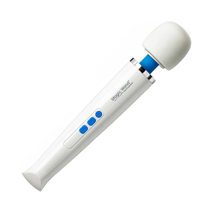 White Magic Wand Rechargeable Massager with blue control buttons and flexible head on a white background