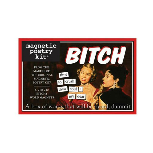 Magnetic Poetry Kit Bitch Edition box with vintage-style illustration of two women and sample word magnets on a red border background.