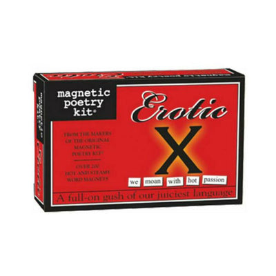 Magnetic Poetry Kit Erotic X Edition box with bold red and black design and sample word magnets on front.