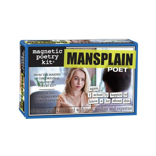 Box of Magnetic Poetry Kit Mansplain Poet with over 200 word magnets and image of a woman and man on the front cover.