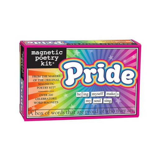 Colorful Pride Edition Magnetic Poetry Kit box with rainbow design and over 200 celebratory word magnets for creative expression.