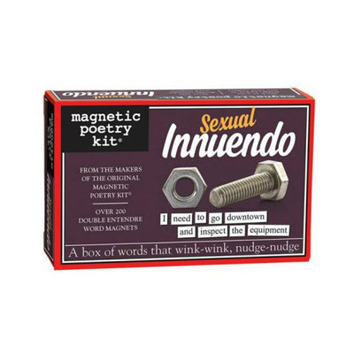 Magnetic Poetry Kit Sexual Innuendo Edition box with playful word magnets and hardware-themed design on purple background