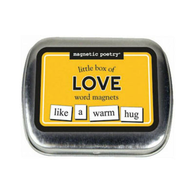 Small metal tin with yellow label containing Magnetic Poetry Little Box of Love word magnets for creative messages.