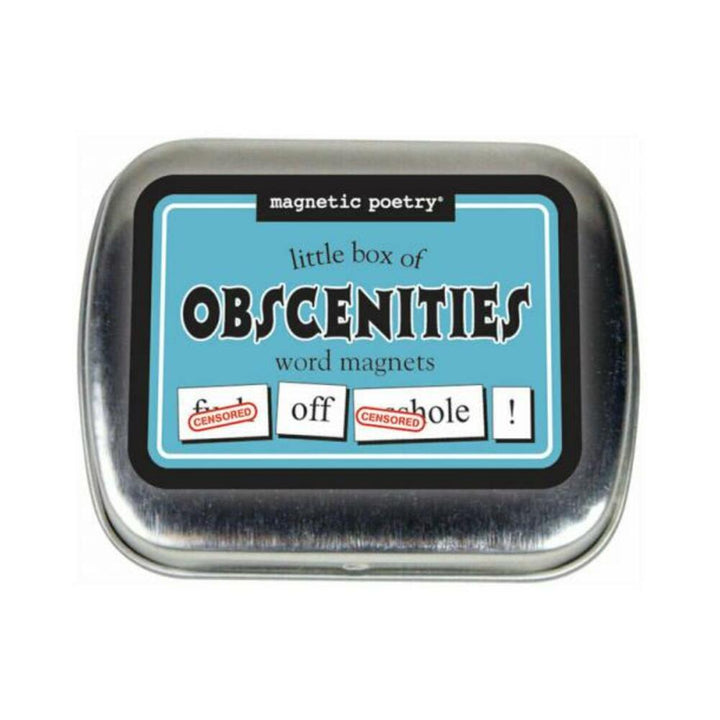 Small metal tin with blue label reading Magnetic Poetry Little Box of Obscenities word magnets with sample censored word magnets on front.