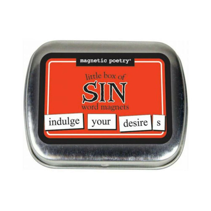 Metal tin of Magnetic Poetry Little Box of Sin word magnets with red label and sample words "indulge your desires" displayed.
