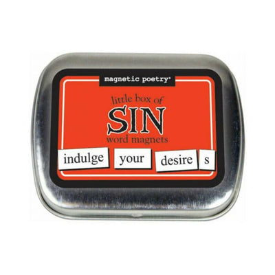 Metal tin of Magnetic Poetry Little Box of Sin word magnets with red label and sample words "indulge your desires" displayed.