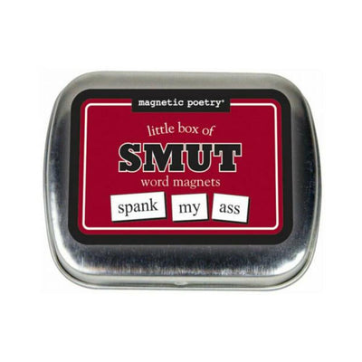Metal tin of Magnetic Poetry Little Box of Smut word magnets with playful phrase on lid.