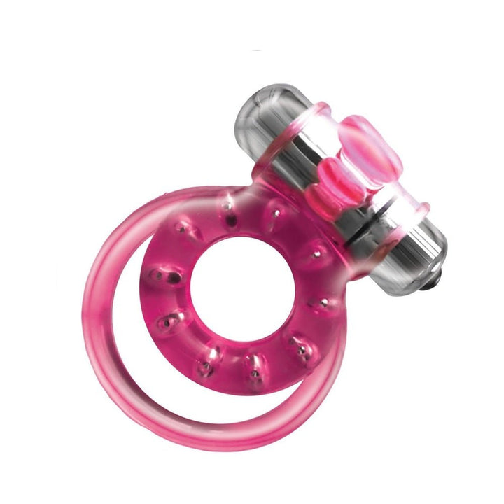Pink magnetic cock ring with dual straps and a silver bullet vibrator attachment.