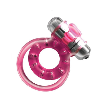 Pink magnetic cock ring with dual straps and a silver bullet vibrator attachment.