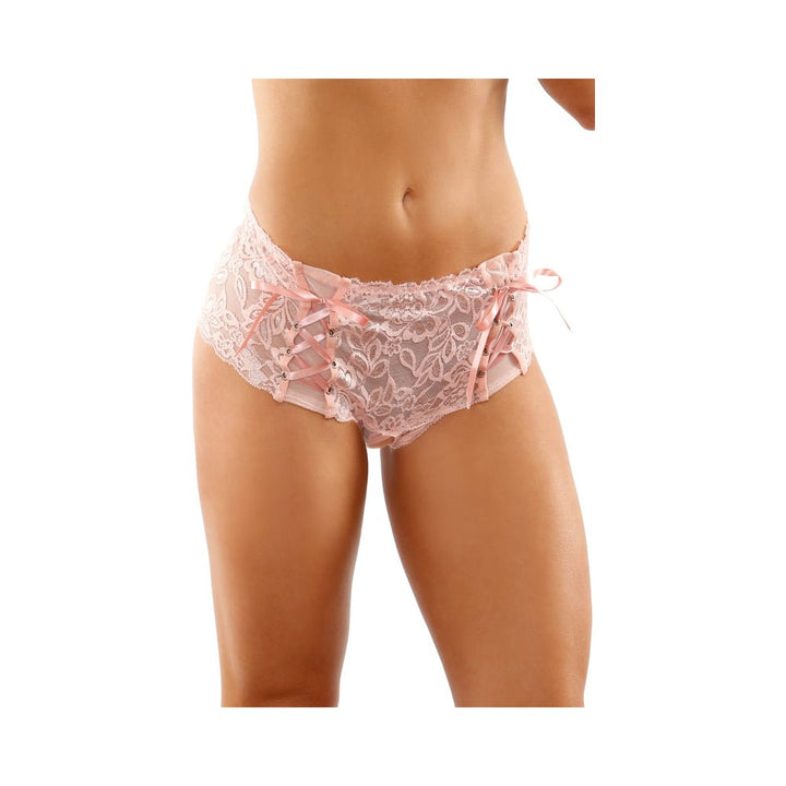 Light pink crotchless lace boyshort with floral pattern and lace-up ribbon details on hips.