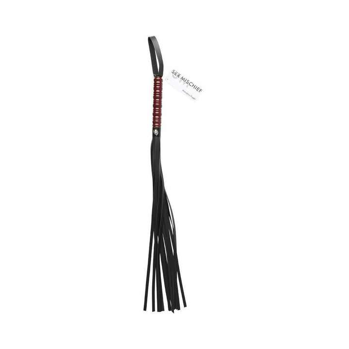 Mahogany flogger with lacquered wood handle and black vinyl strands from the Sex & Mischief Collection.