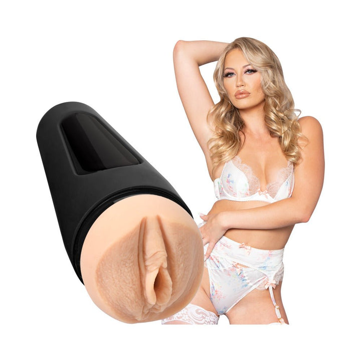 Main Squeeze Adira Allure Ultraskyn stroker with black hard case and model in white lingerie.
