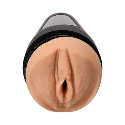 Main Squeeze Adira Allure Ultraskyn stroker in vanilla color with black hard case, front view.