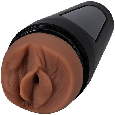 Tan ULTRASKYN stroker with lifelike texture and black hard outer case designed for discreet use and easy cleaning.
