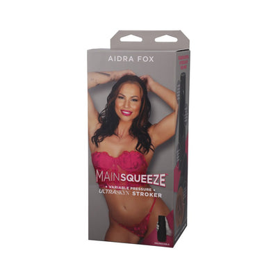 Packaging box featuring Aidra Fox in red lingerie for Main Squeeze Ultraskyn stroker with variable pressure control.