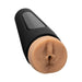 Black hard case male stroker with realistic skin-tone textured sleeve opening.