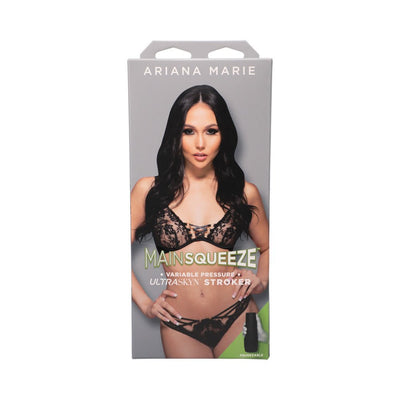 Packaging for Main Squeeze Ariana Marie Ultraskyn Stroker featuring a model in black lace lingerie on a gray background.