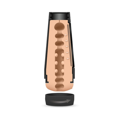 Cross-section view of Main Squeeze Ariana Marie Ultraskyn stroker showing textured interior and adjustable suction cap.