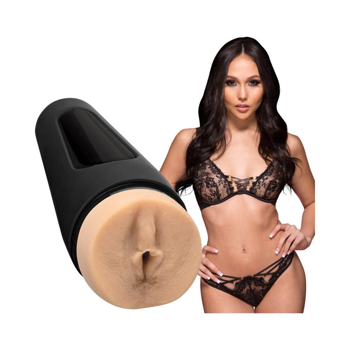Main Squeeze Ariana Marie Ultraskyn stroker with black hard case and model in black lace lingerie.