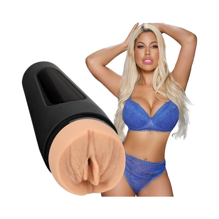 Main Squeeze Bridgette B Ultraskyn stroker with black case and image of woman in blue lingerie.