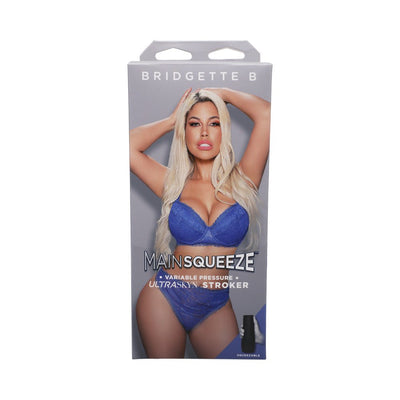 Packaging of Main Squeeze Bridgette B Ultraskyn stroker featuring a model in blue lingerie on a gray background.