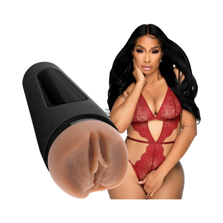 Karlie Redd Celebrity Girls Ultraskyn stroker in caramel with model in red lace lingerie on white background