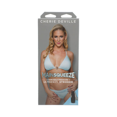 Packaging box of Main Squeeze Cherie Deville Ultraskyn stroker featuring a model in light blue bikini on front.
