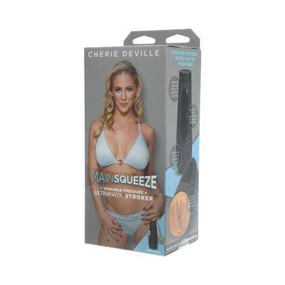 Packaging box of Main Squeeze Cherie Deville Ultraskyn Stroker featuring a woman in light blue bikini and product details.