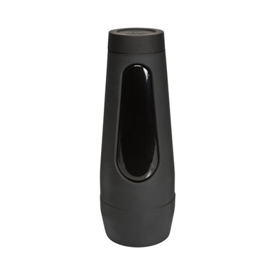 Black sleek cylindrical male stroker case with glossy oval detail on the front against a white background.