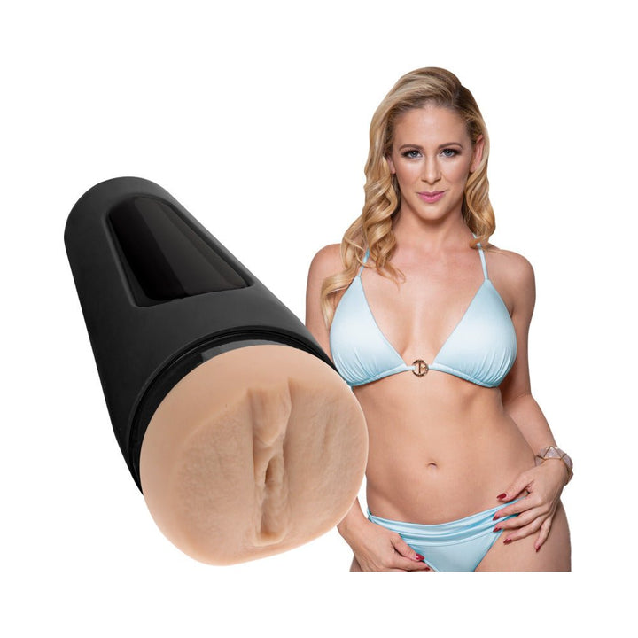 Main Squeeze Cherie Deville Ultraskyn stroker in vanilla with model in light blue bikini