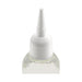 Close-up of clear lubricant bottle with white precision nozzle cap on a white background