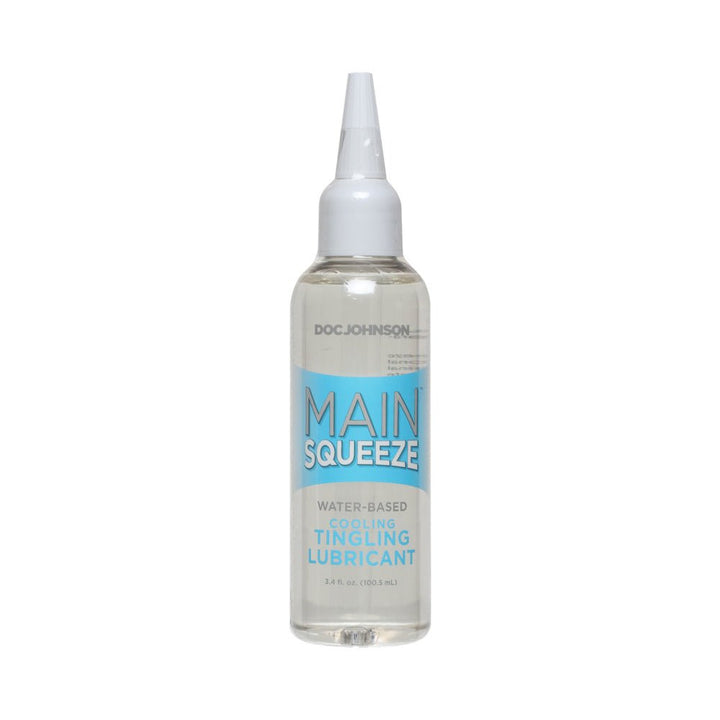 Main Squeeze water-based cooling tingling lubricant in a clear 3.4oz bottle with precision nozzle and blue label.