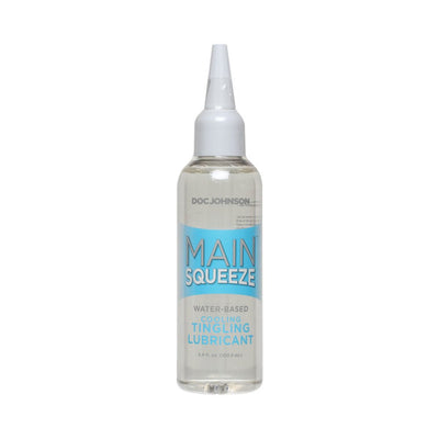 Main Squeeze water-based cooling tingling lubricant in a clear 3.4oz bottle with precision nozzle and blue label.