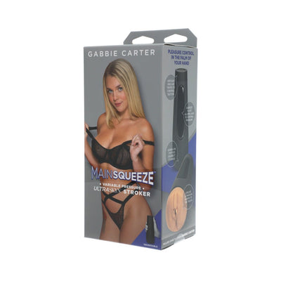Packaging box of Main Squeeze Ultraskyn stroker featuring model Gabbie Carter in black lingerie and product details.