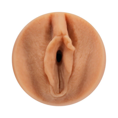 Close-up of a lifelike, vanilla-colored Ultraskyn stroker modeled after Cory Chase.