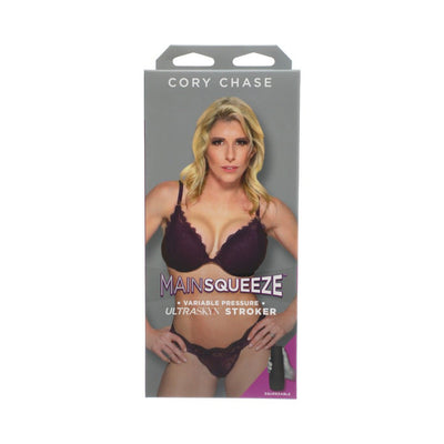 Packaging of Main Squeeze Cory Chase Ultraskyn Stroker featuring a woman in purple lingerie on a gray background.
