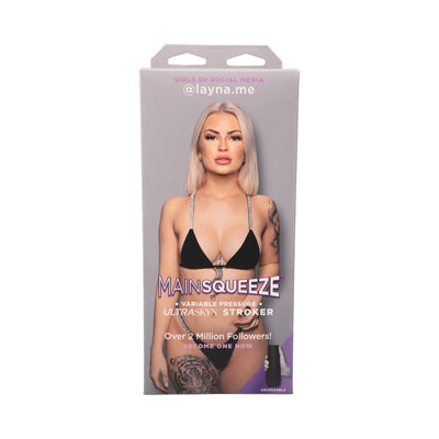 Packaging of Main Squeeze Girls of Social Media @layna.me Vanilla stroker featuring a model in black lingerie and product details.