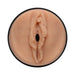 Top view of a realistic flesh-toned textured male stroker sleeve in a black circular case.
