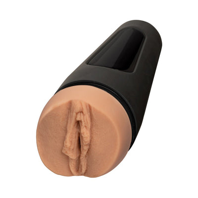 Black handheld male stroker with realistic skin-toned textured sleeve designed for intimate use.