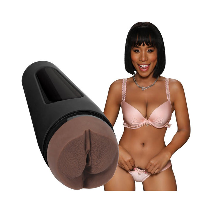 Chocolate-colored ULTRASKYN stroker with black hard case next to a smiling woman in pink lingerie.
