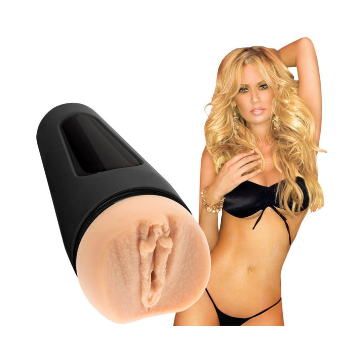 Vanilla-colored Ultraskyn stroker modeled after Jenna Jameson with black case and image of blonde woman in black lingerie.