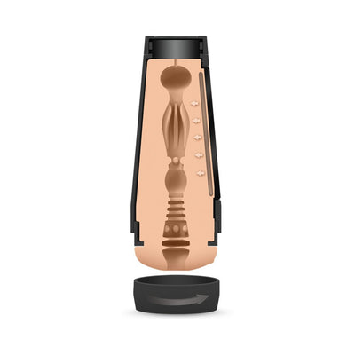 Cross-section view of Main Squeeze Katrina Jade Ultraskyn stroker showing textured interior and adjustable suction cap.