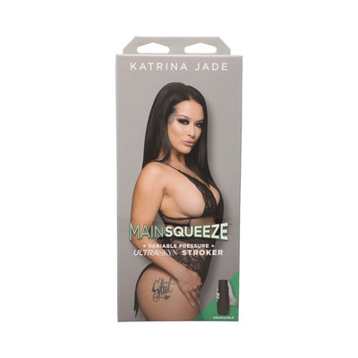 Packaging of Main Squeeze Katrina Jade Ultraskyn Pussy Stroker featuring a model in black lace lingerie and product branding.