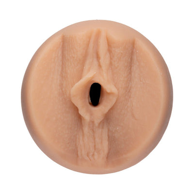 Close-up of a realistic flesh-toned Ultraskyn stroker sleeve designed for intimate use.
