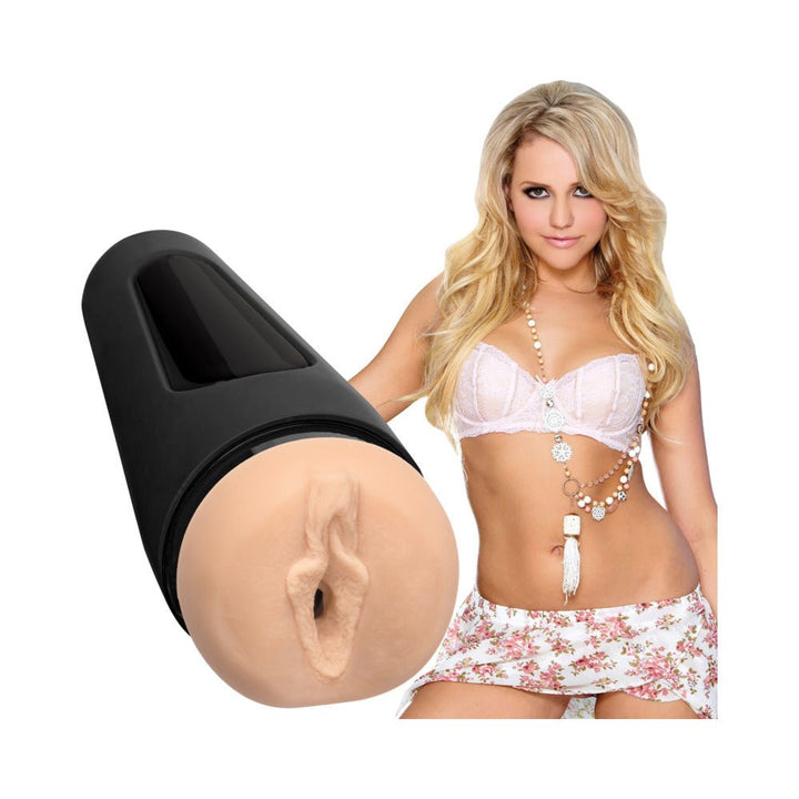 Main Squeeze Mia Malkova Pussy Stroker with realistic texture and black hard case, shown alongside a model in lingerie.