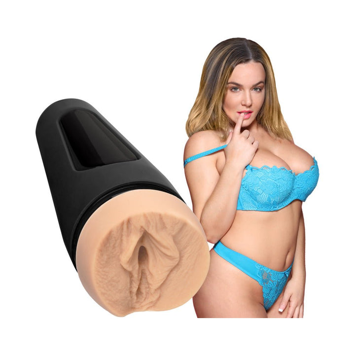 Main Squeeze Natasha Nice stroker with lifelike texture and model in matching blue lingerie.