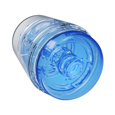 Transparent blue and clear compact stroker with textured interior and hard outer case for adjustable pressure control.