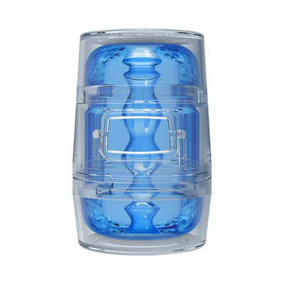 Compact transparent stroker with blue textured interior and adjustable pressure control.