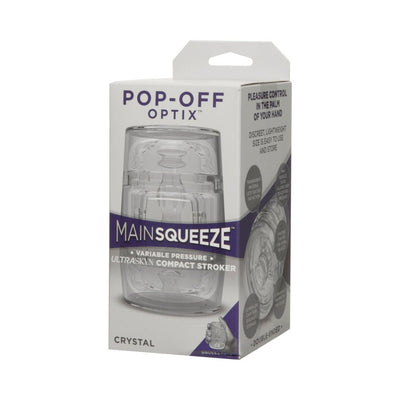 Main Squeeze Pop-off Optix transparent compact stroker in clear packaging with adjustable pressure control features.